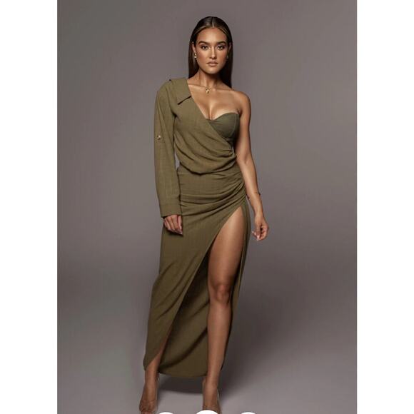 JLUXLABEL OLIVE EVITA LINEN DRAPED DRESS  Slit Adjustable Bustier 3XL SOLDOUT - Picture 1 of 10